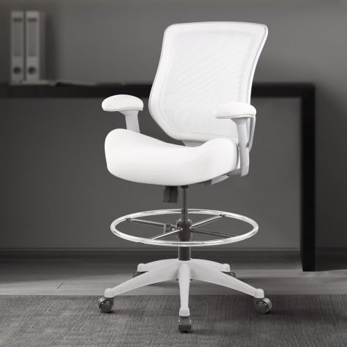 Image of BOLISS 400lbs Mesh Ergonomic Office Drafting Chair Big Adjustable Foot Ring Height Adjustable Armrest (Wht)