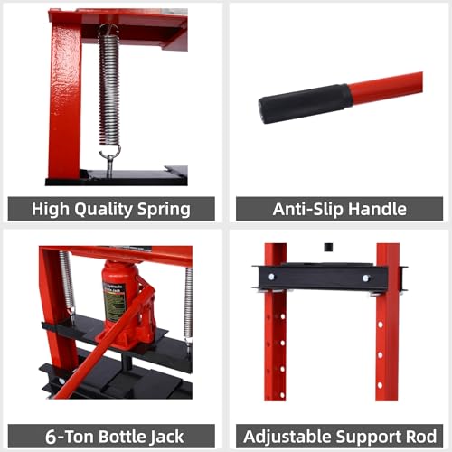 Image of Hydraulic Shop Press 6T, H-Frame Bearing Shop Press, Adjustable Benchtop Shop Press with 2 Press Plates, Adjustable Working Table Height, Red