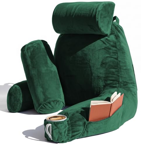 Image of Nestl Reading Pillow with Shredded Memory Foam Includes 2 Neck and Lumber Support Pillows, Designed for Sitting Up in Bed and Couch, Back and Arms Adjustable Support for Adult & Teens, Dark Green