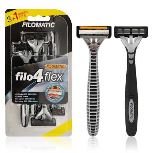 Filomatic Filo4Flex - Pack de 4 Maquinillas Desechables para Hombre con 4 Hojas, Banda Lubricante y Cabezal Basculante, Diseñadas para un Afeitado Preciso y Confortable (1 Pack de 4)