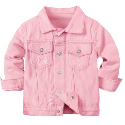 Joe Wenko Toddler Jean Jacket Kids Ripped Long Sleeve Button Down Denim Jacket,Pink,3-4Years