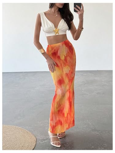 Milumia Women Pleated Tie Dye Bodycon Long Skirt Slim Fit Elegant Vacation Fishtail Skirts4