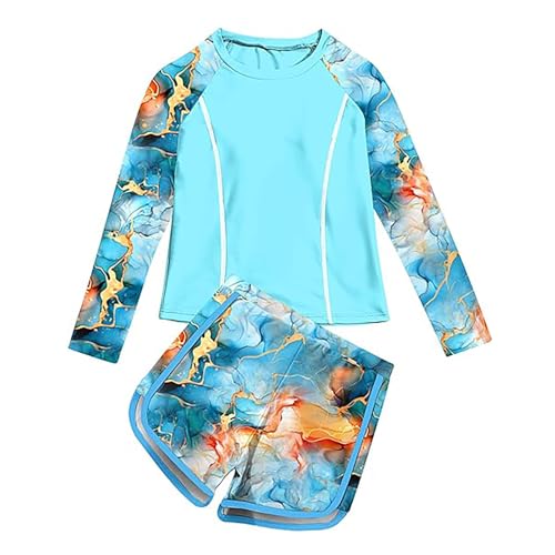 Generisch Conjunto de bikini para niña, traje de baño de 3 piezas para niñas, parte superior de bikini + pantalones cortos + bragas, traje de baño infantil con estampado floral, azul, 8-9 años