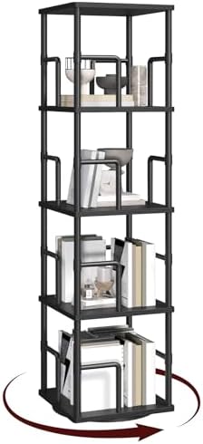 4-Tier Rotating Bookshelf, Freestanding Corner Bookshelf, 360 Spinning Bookcase, Industrial Style Storage Rack with Rails, for Living Room, Bedroom, Study, Black BKBK1501