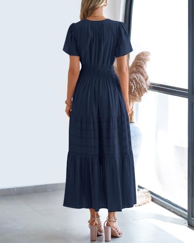 Image of BTFBM Womens Summer 2026 Casual Maxi Dresses | Lightweight Short Sleeve V Neck,Elastic Waist A Line Long Dress,Boho Beach Dress Pockets,Vacation Outfits,Fashion Clothing