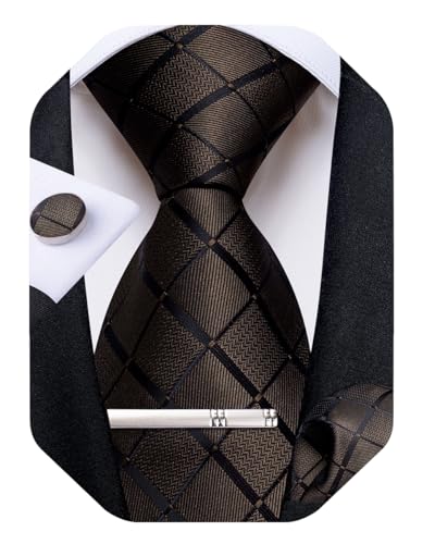 Image of DiBanGu Mens Silk Plaid Tie and Pocket Square Set | Elegant Silk Formal Tie Set, Woven Check Necktie and Cufflinks Tie Clip Set, Perfect for Wedding Party, Comes in Gift Box