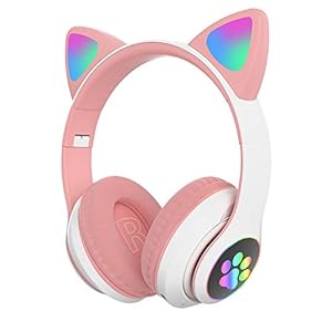 JJDN Bluetooth 5.0 Kattenoor Koptelefoon, draadloze headset voor mobiele telefoon pc, LED-licht over-ear koptelefoon met microfoon kinderen volwassenen