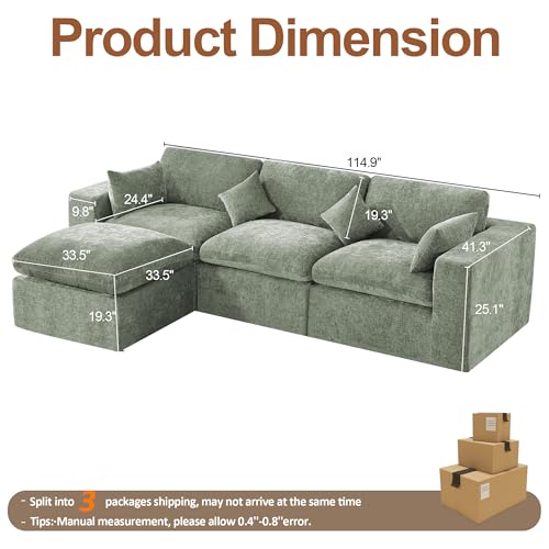 Image of 115''Cloud Boneless Sectional Couch, Modular Sectional Sofa Deep Seat with Ottoman, Oversized Upholstered Convertible Comfy 4 Seater Chenille Sofa L Shape Couches for Living Room, Green