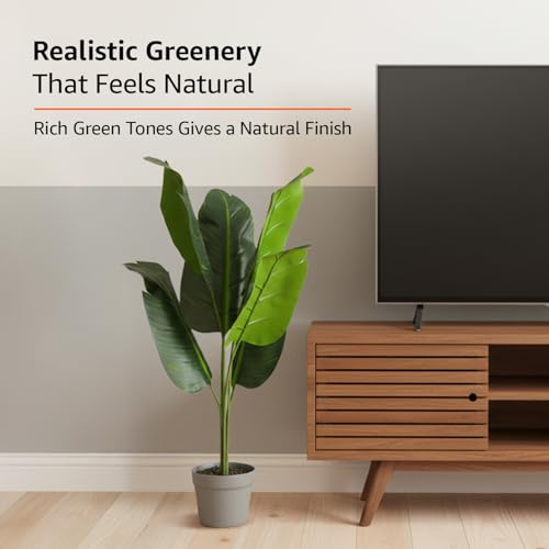 Image of amazon basics Artificial Bird of Paradise Plant in Light Grey Plastic Pot | 88cm Faux Greenery | Durable Plastic | Stylish & Compact | Zero Maintenance | Indoor, Outdoor, Home & Office Decor