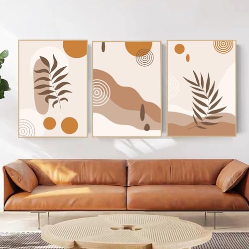 3 imágenes modernas en lienzo, imágenes geométricas de plantas, cuadros en lienzo, cuadros decorativos para salón, dormitorio, cuadros de pared de color beige, sin marco (30 x 40 cm, A)