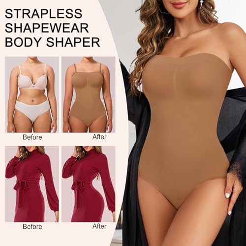 Image of Strapless Shapewear Bodysuit for Women Tummy Control Seamless Body Suits Slimming Tube Top Body Shaper Off Shoulder