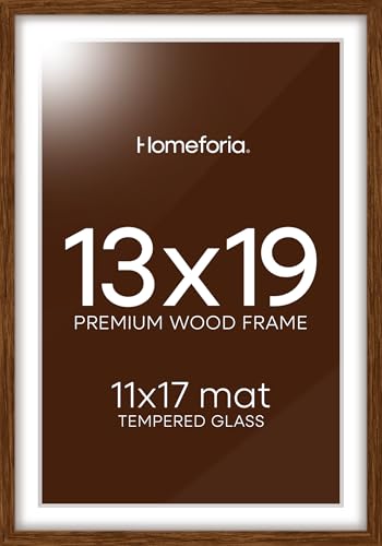Image of Homeforia 13x19 Picture Frame Brown, High End Dark Oak 13x19 Wooden Frames with Mat 11x17, 13 x 19 Walnut Wood Poster Frame Matted to 11 by 17, 19x13 Hanging Frames, Tempered Glass, Wall Kit, Set of 2