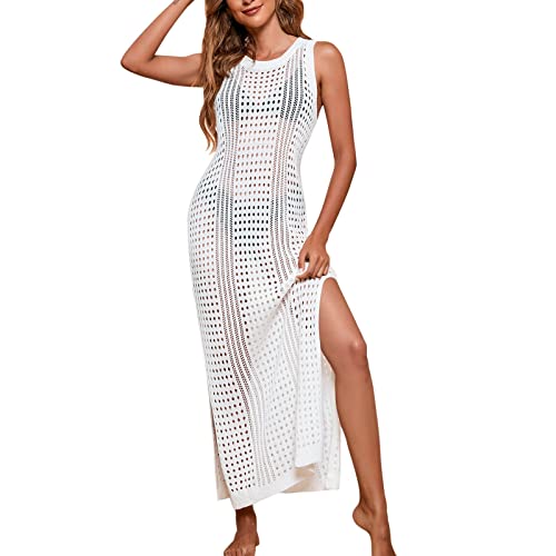 Damen Gestrickte Strandkleid Häkelkleid Lang Ärmellose Sommer Sexy Strandtunika Seitenschlitz Hohlstrick Bikini Kleid Sommer