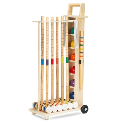Hiboom 6 Player Croquet Set for Adults with Wooden Stand, Rubber Wooden Mallets, Colored Balls and Steel Wicket for Family & Friends, Great for Outdoor Lawn, Backyard Park