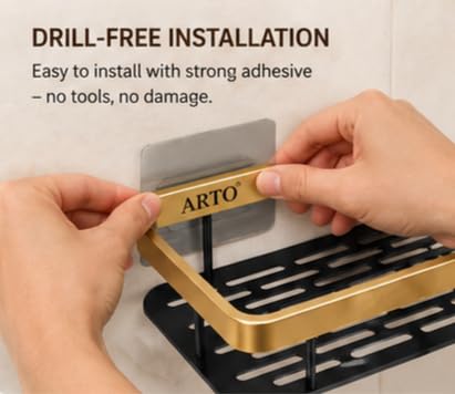 Image of Arto Wall Mounted Shelf | Self-Adhesive Aluminium Rack for Bathroom & Kitchen | Drill-Free, Rustproof, Heavy Duty Holder | 13x30x5.5 cm | Black /Gold (POF-2)