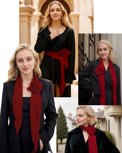 6PCS Chiffon Scarf for Women Lightweight Soft Neck Scarf Accessory Rose Flower Long Skinny Necktie Choker4