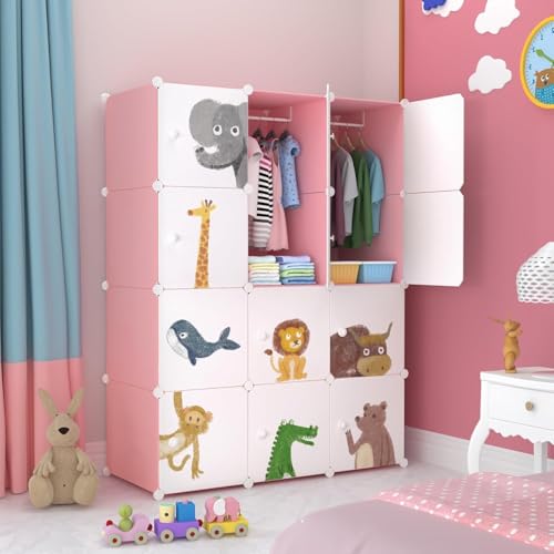 Image of Plastic Wardrobe for Kids, Baby Cupboard for Storage, 12 Cubes Almirah, Cupboard for Clothes, Collapsible Wardrobe for Baby Clothes /Toy /Book for Kids Bedroom -Pink -KTM2
