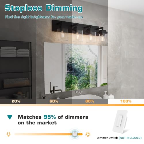 Image of Bathroom Vanity Light, Clear Glass Shade 4 Lights Morden Bathroom Lighting Fixtures Over Mirror, Black Bathroom Light Vanity Fixtures for Bathroom /Living Room /Bedroom