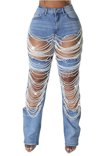 Lucuna Women's Rhinestone Ripped Jeans High Waist Boyfriend Cutout Straight Leg Pearl Distressed Denim Pants