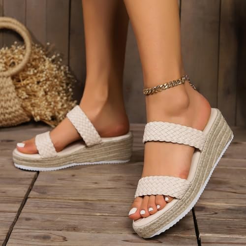 Women's Summer Outfits 2025 Woven Strap Slip-on Platform Wedges Heels Sandals Beach Flat Shoes Non-slip Mules for Women & Girls Breathable Comfortable Daily Wear Business Office4