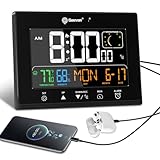 Geevon Digital Atomic Alarm Clocks for Bedrooms with Battery Backup, HD Color Display Atomic Lock with Backlight, 2 USB Ports, Indoor Temperature and Humidity, Moon Phases, Time, and Calendar
