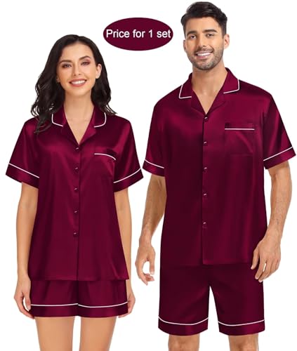 SWOMOG Couple Matching Pajamas Satin Pj Women'S Loungewear Mens Sleepwear Button Up Sleep Shorts Summer Lounge Sets Dark Wine Red3