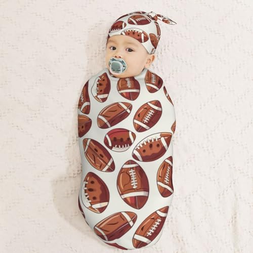 Image of American Funny Football Newborn Swaddle Blankets Hat Sets Soft Baby Receiving Blanket Swaddle Sack for Baby Shower Infant Boy Girl Gift