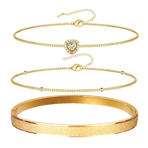 SRunDe 3 Piezas Pulsera para Mujer oro Acero Inoxidable Dorado Mujer 14K Pulsera Mujeres Chapado Oro Ajustable Pulseras para Mujeres Niñas Regalo