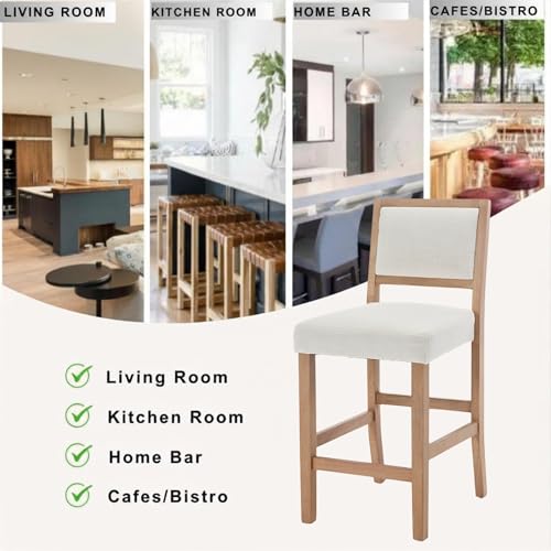 Butacos de altura para barra de 26 pulgadas, juego de 4 unidades en color beige con respaldo, asiento tapizado en lino y estructura de madera sólida para pub en casa, isla de cocina o barra desayunadora miniatura 7
