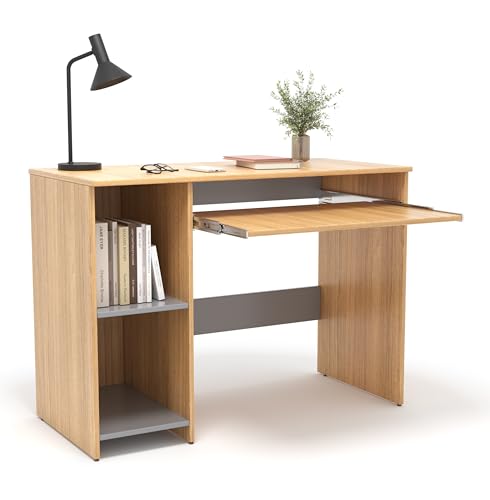 Image of 104x50x75CM Engineered Wood Study Table with Keyboard Tray & 2 Open Storage Shelves for Home, Office | Moisture Proof Computer, Laptop Table | 1 Year Warranty- Urban Teak&Grey