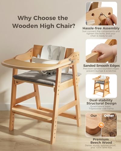Image of ONTHEWEI Wooden Baby High Chair for Babies, Anti-Tip Adjustable High Chair with Detachable Tray