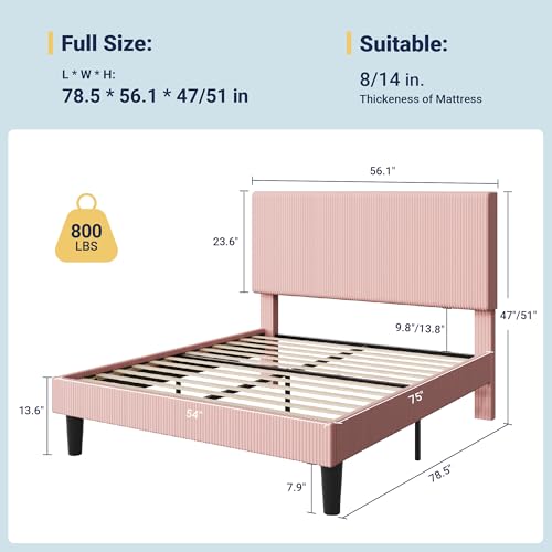 Image of Allewie Full Bed Frame, Corduroy Tufted Headboard, Light Pink