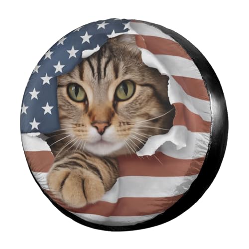 Image of Delerain American Flag Cat Spare Tire Cover for RV Trailer SUV Truck and Many Vehicle, Wheel Covers Sun Protector Waterproof (15 Inch for Diameter 27 inch-29 inch)