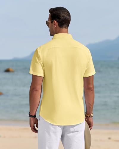 Image of J.VER Mens Linen Shirt Short Sleeve Button Down Casual Summer Shirts | Cotton Linen, Untucked, Big Tall, from Beach Camp Vacation, Cruise Fishing, Work Office, to Wedding Party Family, with Pocket