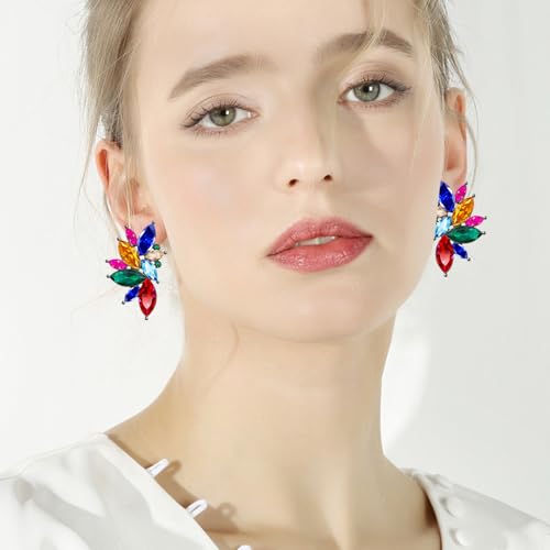 Bohemian Statement Sparkly Colourful Fancy Rhinestone Crystal Flower Dangle Drop Stud Earrings Vintage Wedding Bridal Prom Earrings for Women4