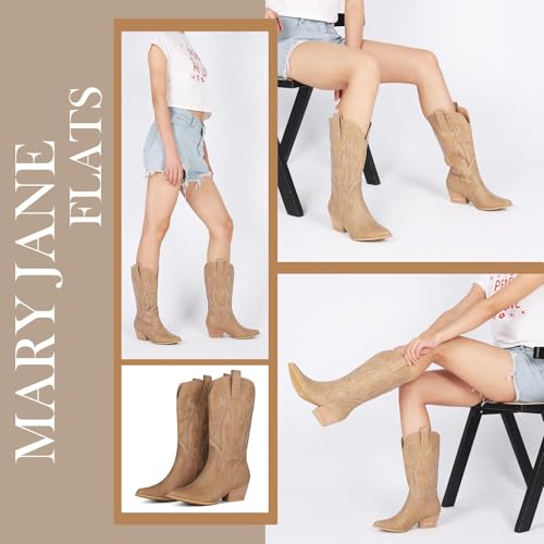 femflame Womens Cowboy Boots for Women Pointed Toe Chunky Heel Mid Calf Cowgirl Boot Embroidered Western Boots3