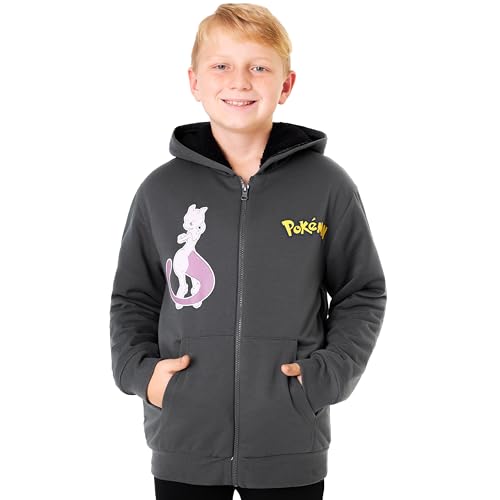 Pokmon Blue StitchPokemon Sherpa Fleece Hoodie for Boys Teens Ages 7-14 Hooded Zip-Up Sweatshirt Warm Hoodies Anime Gifts for Boys (9-10 Years Grey Mewtwo)