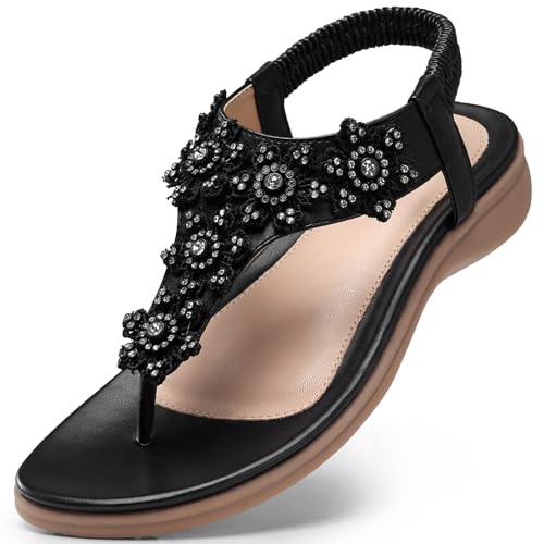 Image of TEMOFON Sandals for Women Flat Dressy Summer Flower Sandals with Ankle Strap Comfortable Casual Walking Flat Sandals Size 5-11