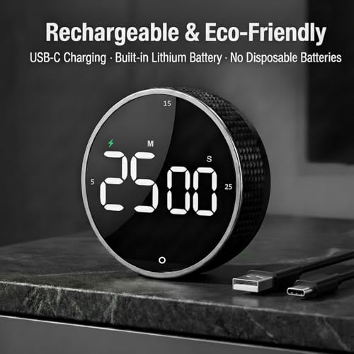Rechargeable Magnetic Kitchen Timer, LED Countdown/Count-Up Timer, Supports USB-C Charging, with Loud Alarm, 3 Preset Quick Times (5/15/25m), Perfect for Kitchen Cooking, Studying, and Fitness (Black) - Image 3