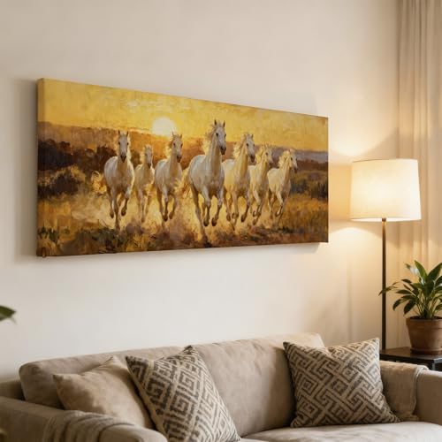 Image of SoulAbiti Vastu Seven White Horses at Sunrise Unframed 36x14 inches Rolled Canvas Wall Realism Art UV Print Painting for Living Room, Bedroom & Office Decor Premium Gloss Vivid Fade-Resistant Print