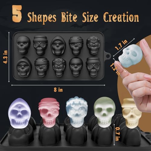 Image of Skull Silicone Molds Halloween 2 Pack 10 Cavity for Chocolate Candy, Freezing Yogurt Wax Melts 3D Tray 5 Head Shapes Food Grade Baking Mould Oven Safe Treat or Trick Kids Homemade DIY Party