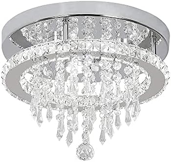 Deckrico Modern K9 Crystal Chandelier 3 LED Lights Stainless Steel Pendant Lamp Flush Mount Light Fixtures for Dining Room Bathroom Bedroom Living Room (Cool White)