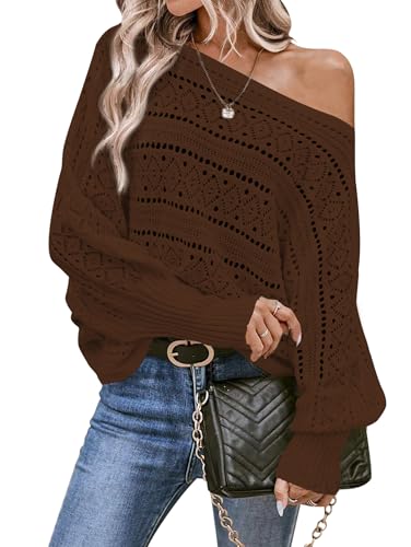 Image of Cakulo Womens Off Shoulder Sweater Top Fall Outfits Fashion 2025 Oversized Knit Batwing Long Sleeve Crochet Pullover Sweaters