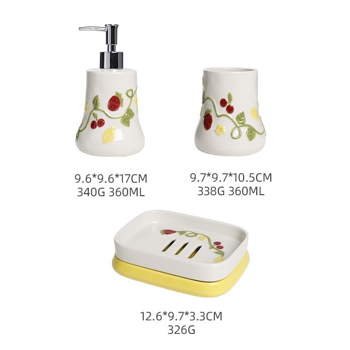 Juego de Accesorios de baño de cerámica de 4 Piezas con dispensador de jabón de Fresa, dispensador de jabón de Manos, Vaso, Soporte para Cepillo de Dientes y jabonera para decoración