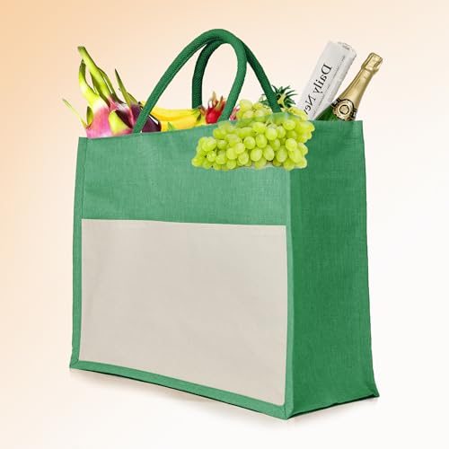Pack of 4 Green Juco Tote Bags – Eco-Friendly Reusable Burlap Bags with Strong Handles for Travel, Groceries, Weddings & More – 13" x 16" x 7"3