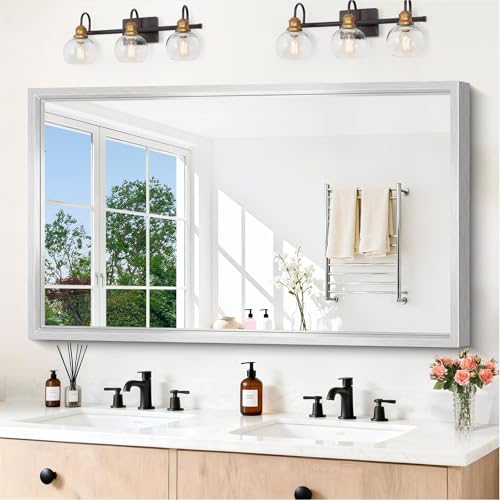 Image of 60x36 Inch Brushed Silver Bathroom Mirror, Large Rectangular Mirror for Wall, 0.6 inch Thickened Deep Frame Mirrors for Bathroom Sink, Shatterproof Tempered Glass, Antirust, Horizontally /Vertically