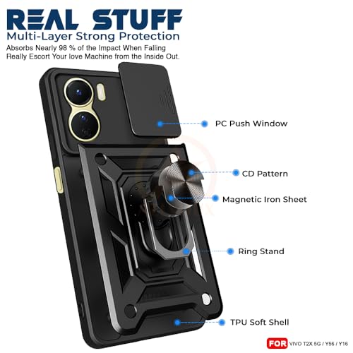 Image of Armor Bumper Back Cover Case for Vivo T2X / Y56 / Y16 | Rotating Camera Cover, Ring Holder & Kickstand | Heavy Duty & 360 Degree Protection Vivo T2X / Y56 / Y16 Back Cover (Black)