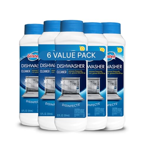 Glisten Dishwasher Cleaner, Removes Limescale, Rust, Buildup, and Grease, Lemon Scent, 12 Ounce Bottle, 6-Pack