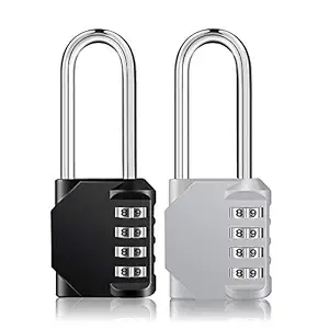 Long Shackle Padlock 2 Pack Long Combination Lock, 4 Digit Combination Lock, Resettable Weatherproof Combo Lock for School, Gym & Employee Locker, Outdoor, Fence Black and Sliver