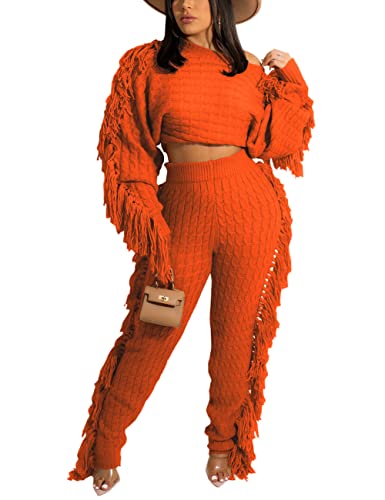 Image of KANSOON 2 Piece Sweater Set for Women Cable Knit Fringe Crop Top and Pants | Cozy feel, ribbed high waist, comfortable stretch fit for birthday and chilly going-out outfits